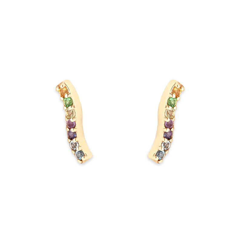 Bunt funkelndes Ohrpiercing aus 925 Silber mit Zirkonia in Regenbogenfarben, zarte gebogene Form, eleganter Ohrschmuck.