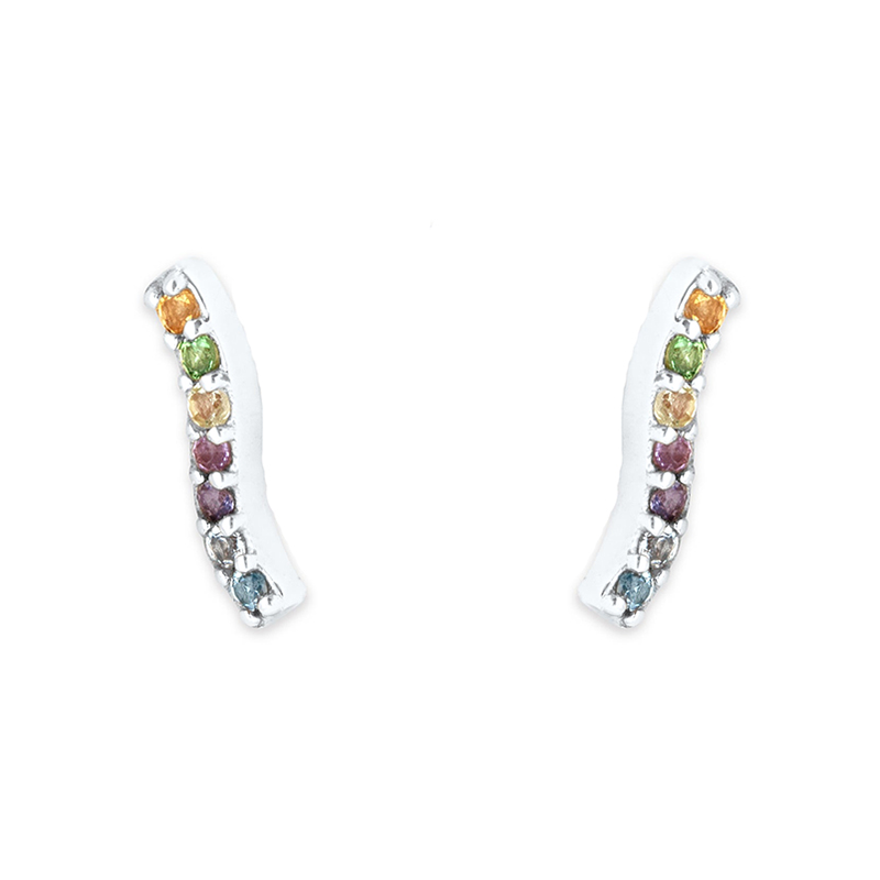 Bunt funkelndes Ohrpiercing aus 925 Silber mit Zirkonia in Regenbogenfarben, zarte gebogene Form, eleganter Ohrschmuck.