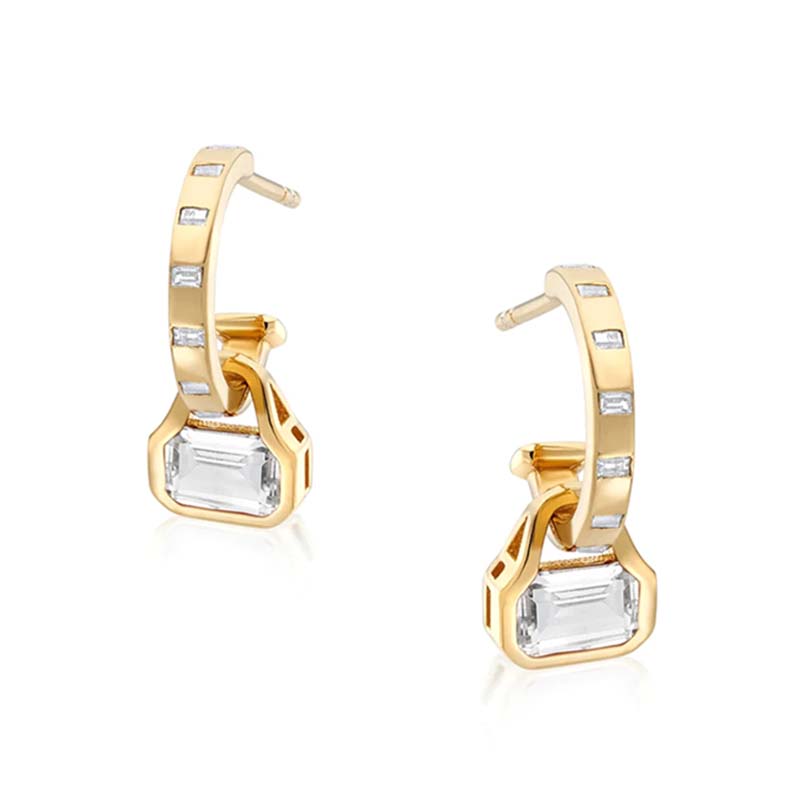 Ohrhänger aus 925 Sterling Silber, Bügel mit Baguette-Zirkonia und abnehmbarem rechteckigen Charm, moderner eleganter Look.