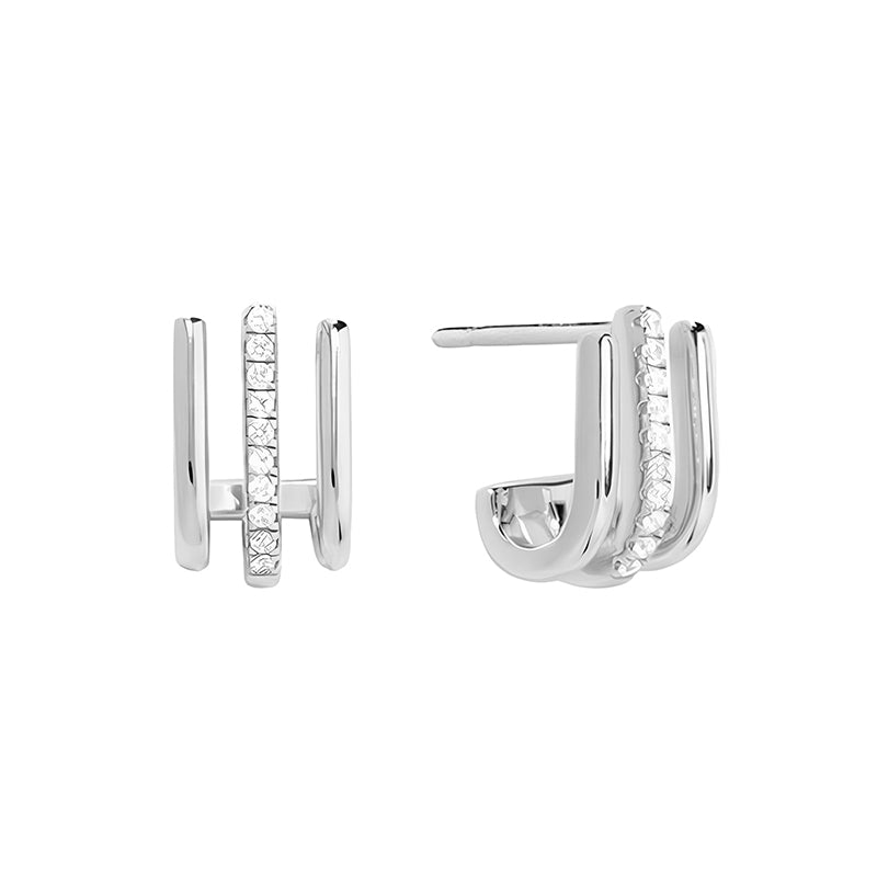 Ohrstecker aus 925 Sterling Silber, vergoldet oder rhodiniert, mit doppellagigem Bügel-Design und funkelnder Zirkonia-Reihe.