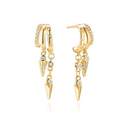 Goldene Ohrhänger Vega Spike aus 925er Silber, 18K vergoldet, doppelte Creole mit Zirkonia und beweglichen Spike-Anhängern.