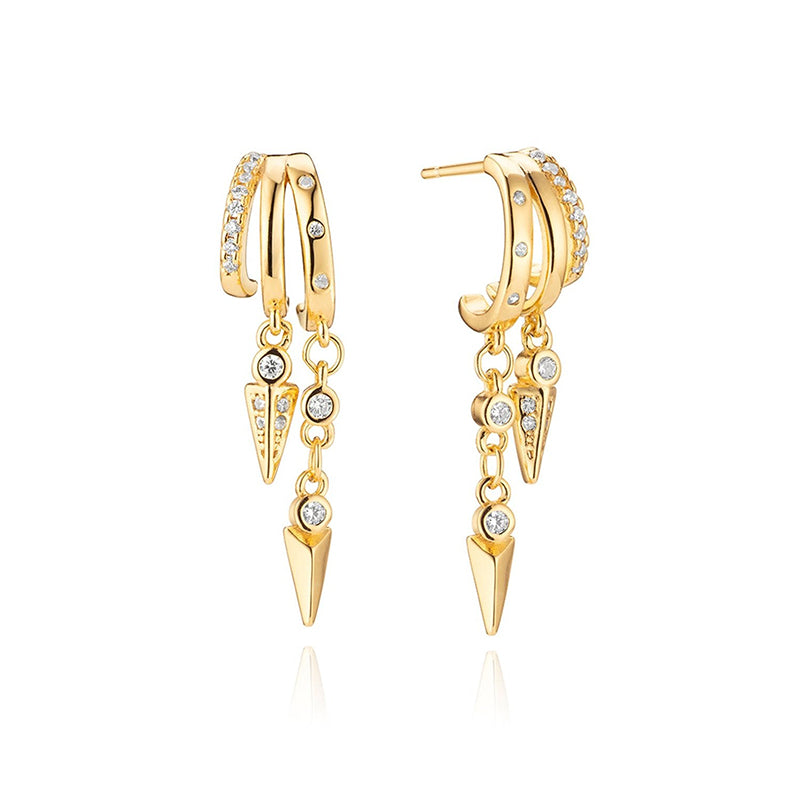 Goldene Ohrhänger Vega Spike aus 925er Silber, 18K vergoldet, doppelte Creole mit Zirkonia und beweglichen Spike-Anhängern.