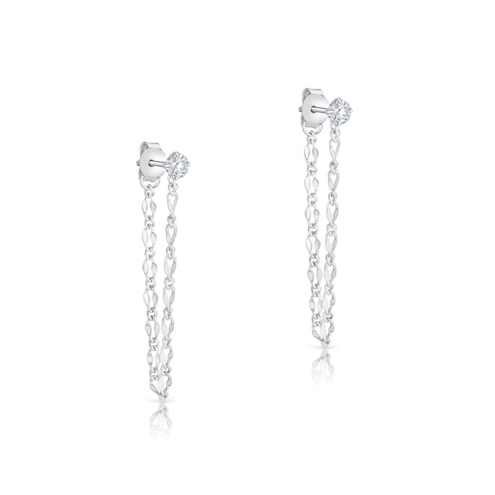 Elegante Ohrhänger mit Zirkonia und doppelter Kette aus 925 Sterling Silber, bewegliches Stecker-Design, minimalistisch
