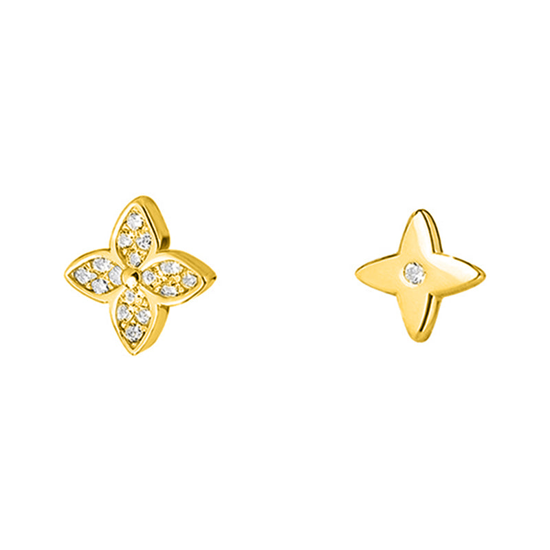 Asymmetrische Blüten-Ohrstecker aus 925 Sterling Silber, ein Stecker mit Zirkonia-Pavé, einer glatt mit Solitär, elegant