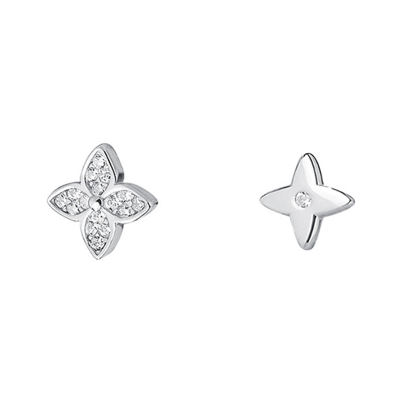 Asymmetrische Blüten-Ohrstecker aus 925 Sterling Silber, ein Stecker mit Zirkonia-Pavé, einer glatt mit Solitär, elegant