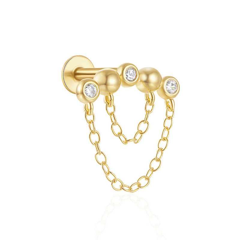 Ohrpiercing aus 925 Sterling Silber mit Kugeln, Zirkonia und doppelter Kette, modernes filigranes Design für Ear-Stacks
