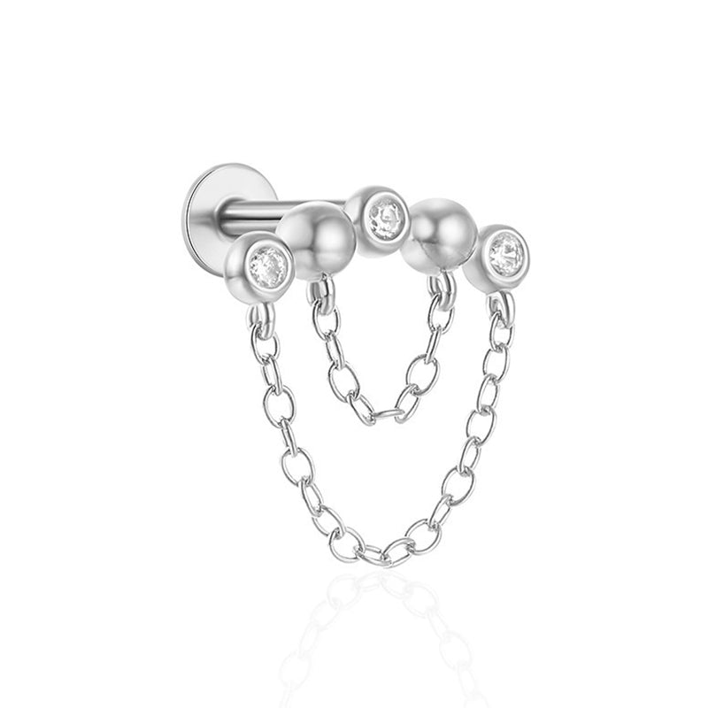 Ohrpiercing aus 925 Sterling Silber mit Kugeln, Zirkonia und doppelter Kette, modernes filigranes Design für Ear-Stacks