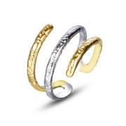 Bicolor Spiralring aus 925 Sterling Silber mit 18K Vergoldung und Rhodium, verstellbarer Ring mit gehämmerter Oberfläche