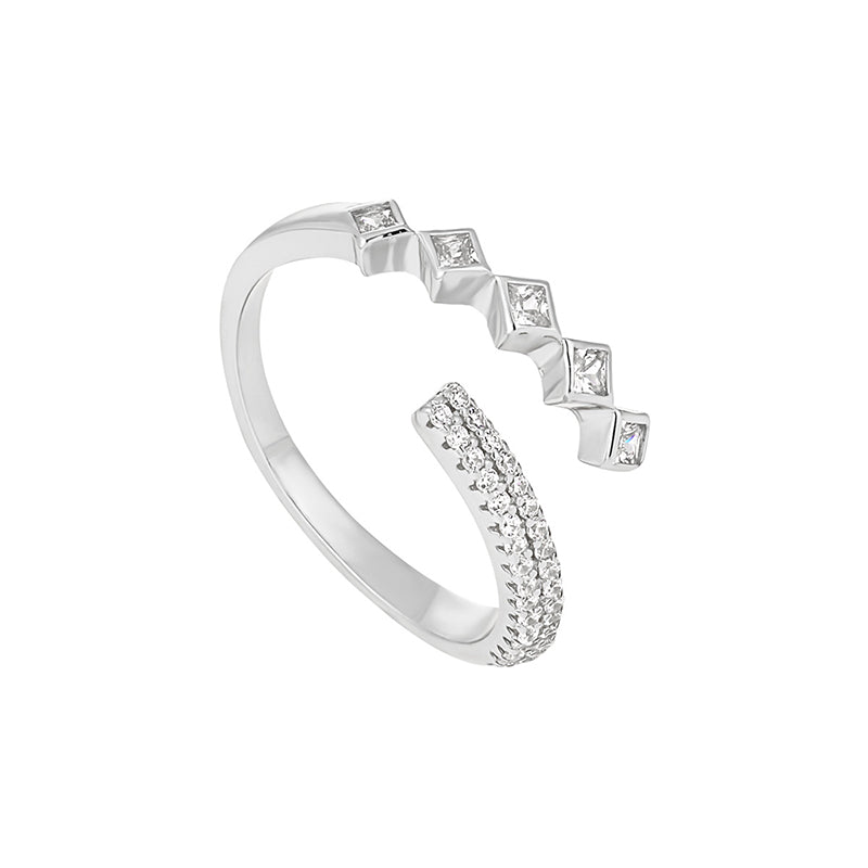 Offener, verstellbarer Ring aus 925 Sterling Silber mit Pavé und Baguette-Zirkonia
