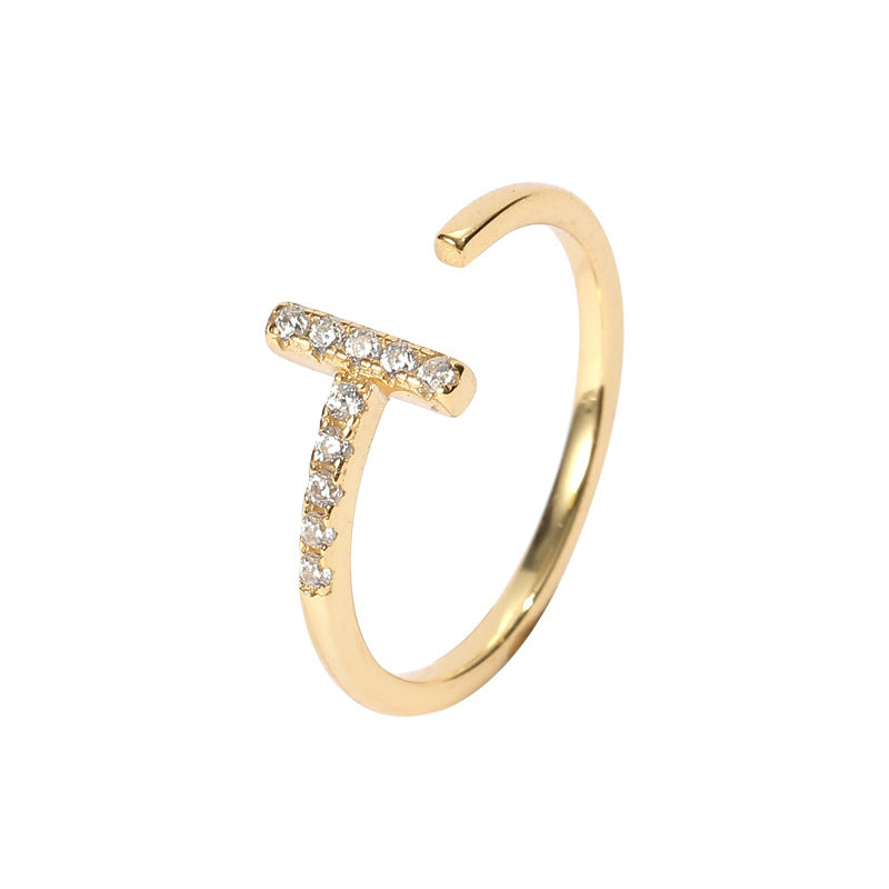 Offener Ring aus 925 Sterling Silber mit Zirkonia in T-Form, erhältlich in Gold und Silber