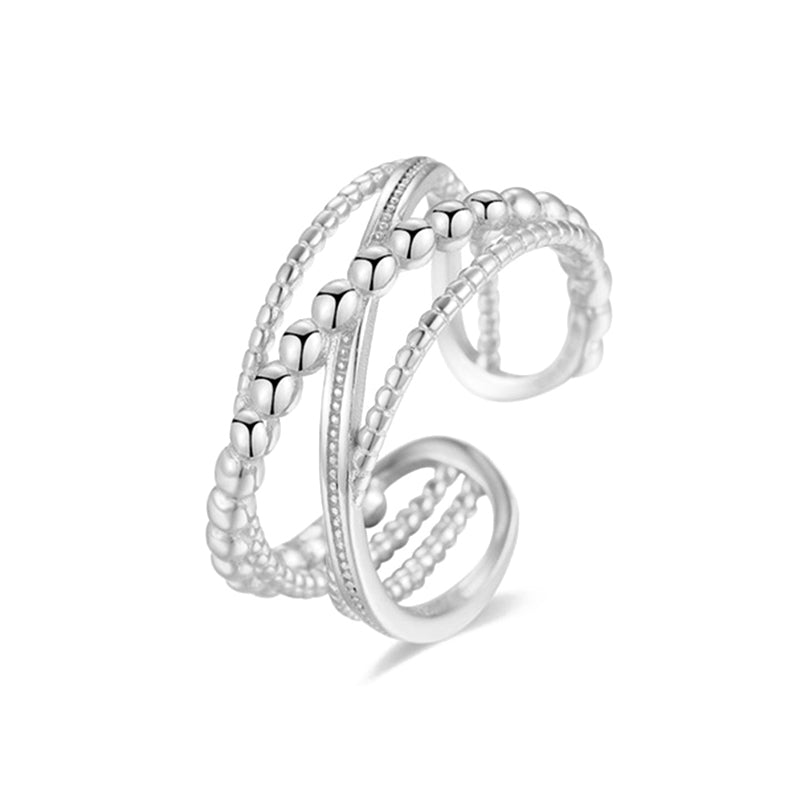 Verstellbarer Ring aus 925 Sterling Silber mit Kugelstruktur in Gold oder Silber, dreireihiges Design