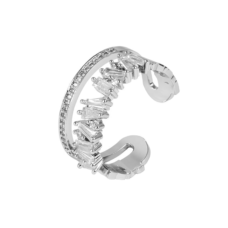 Verstellbarer offener Ring mit baguettegeschliffenen und pavé gesetzten Zirkonia, zweireihiges Design aus 925 Sterling Silber