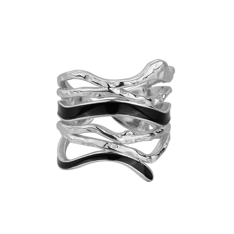 Breiter verstellbarer Ring aus 925 Sterling Silber mit schwarzen Emaille-Akzenten, erhältlich 18K vergoldet oder Silber (rhodiniert)