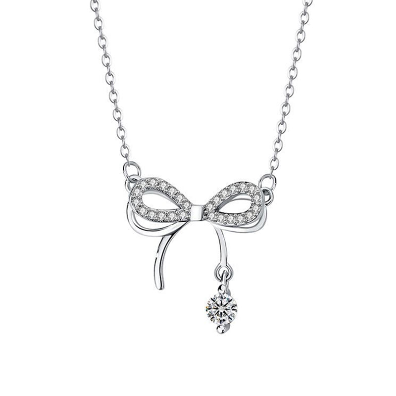 Feine Schleifen-Halskette aus 925 Sterling Silber mit Zirkonia-Besatz und hängendem Stein, wahlweise rhodiniert oder rosévergoldet