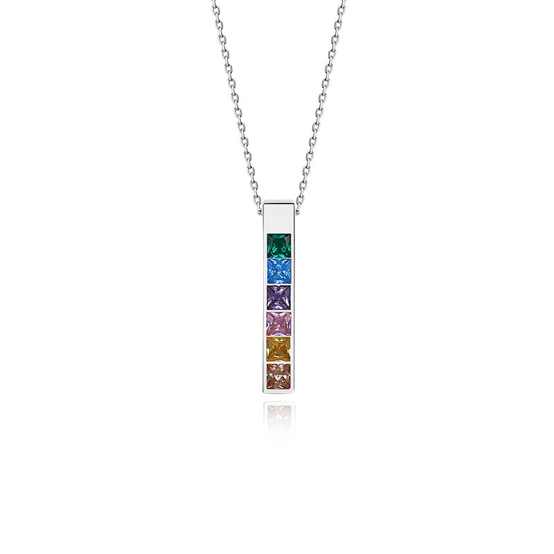 Rechteckige Halskette aus 925 Sterling Silber mit mehrfarbigen Zirkonia-Steinen, wahlweise rhodiniert oder 18K vergoldet