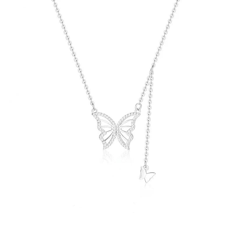 Halskette aus 925 Sterling Silber mit Schmetterlingsanhänger und Zirkonia, rhodiniert oder 18K vergoldet, filigranes Design
