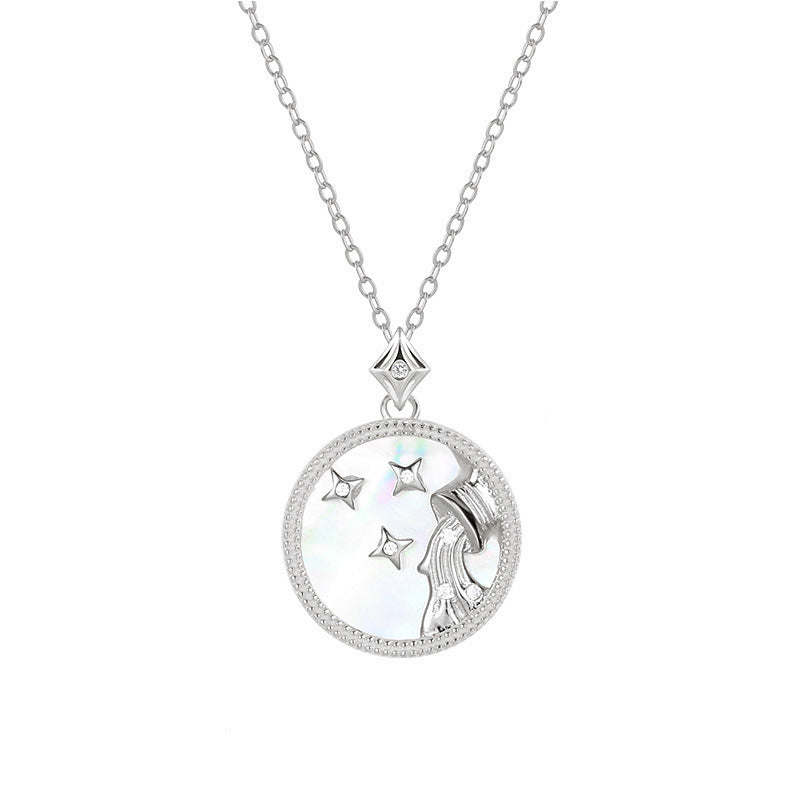 Wassermann Sternzeichenkette aus 925 Sterling Silber mit Perlmutt und Zirkonia, runder Anhänger mit feinem Relief und Sternmotiv