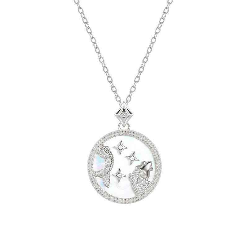 Fische Sternzeichenkette aus 925 Sterling Silber mit Perlmutt und Zirkonia, runder Anhänger mit Fischmotiv und Sternenrelief