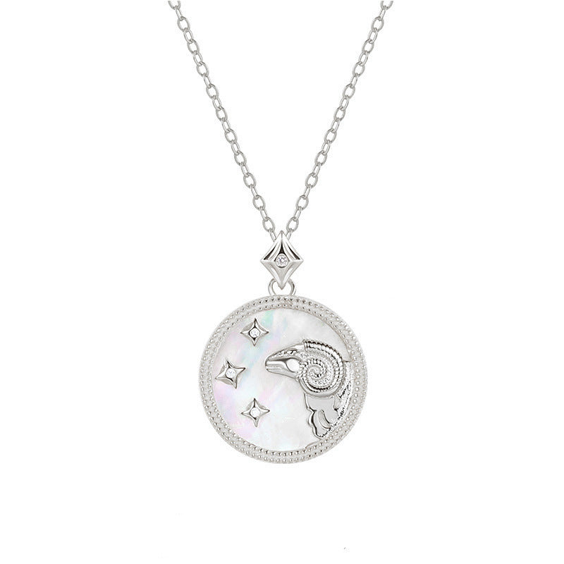 Widder Sternzeichenkette aus 925 Sterling Silber mit Perlmutt und Zirkonia, runder Anhänger mit Widderkopf und Sternenmotiv