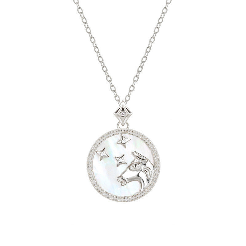 Stier Sternzeichenkette aus 925 Sterling Silber mit Perlmutt und Zirkonia, runder Anhänger mit Stierkopf und Sternenmotiv