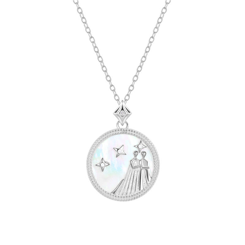 Sternzeichenkette Zwilling aus 925 Sterling Silber, rundes Perlmutt-Medaillon mit Zirkonia-Akzenten und feiner Kette