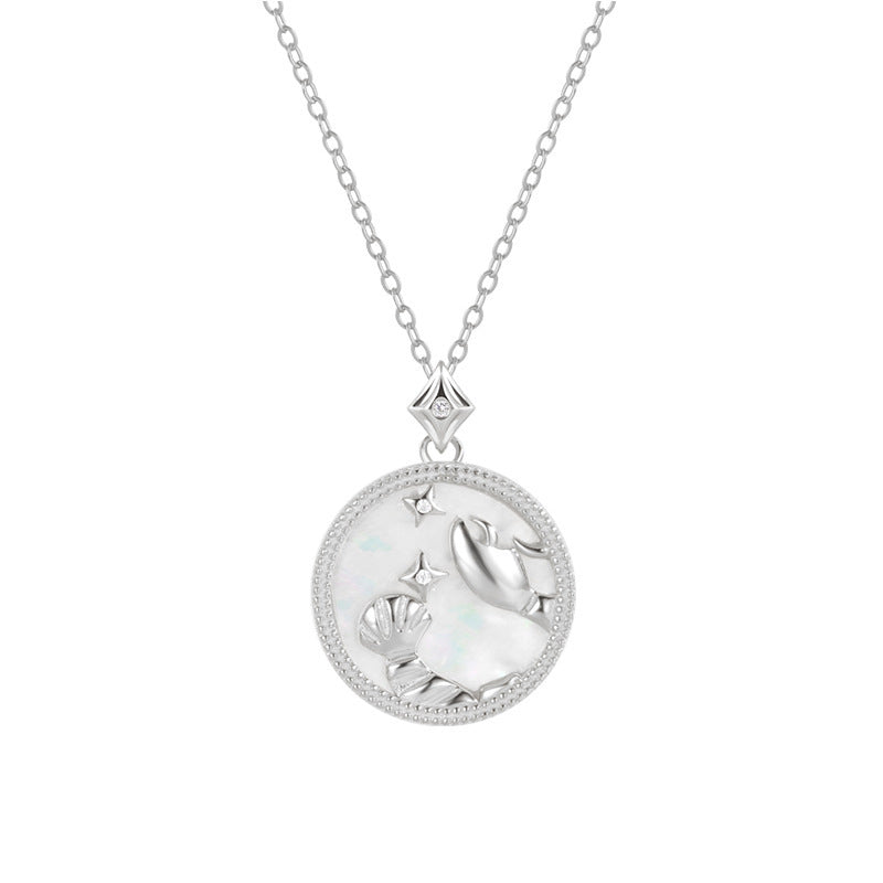 Krebs Sternzeichenkette aus 925 Sterling Silber mit Perlmutt und Zirkonia, runder Anhänger mit Krebs-Motiv und Sternenverzierung