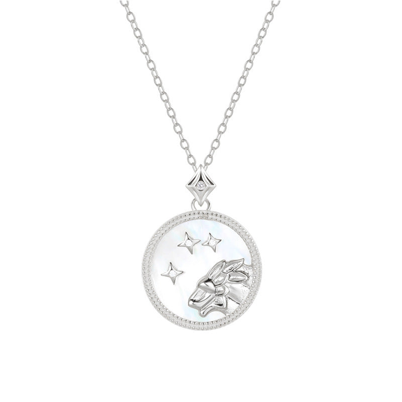 Löwe Sternzeichenkette aus 925 Sterling Silber mit Perlmutt und Zirkonia, runder Anhänger mit Löwenkopf und Sternenmotiv