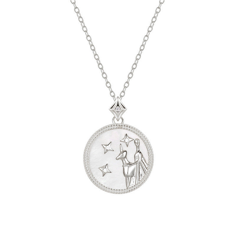 Jungfrau Sternzeichenkette aus 925 Sterling Silber mit Perlmutt und Zirkonia, runder Anhänger mit Jungfrau-Motiv und Sternenverzierung