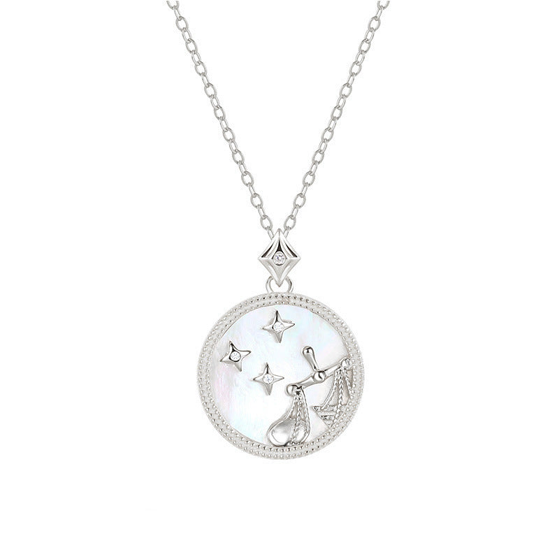Waage Sternzeichenkette aus 925 Sterling Silber mit Perlmutt und Zirkonia, runder Anhänger mit Waage-Motiv und Sternenverzierung