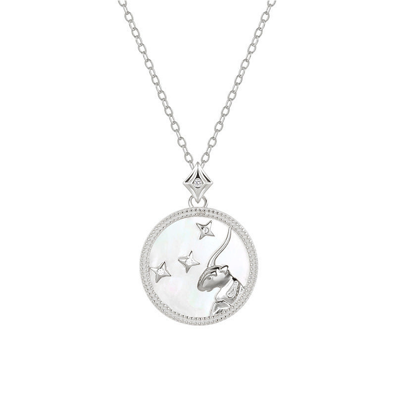 Steinbock Sternzeichenkette aus 925 Sterling Silber mit Perlmutt und Zirkonia, runder Anhänger mit Steinbock-Motiv und Sternenverzierung