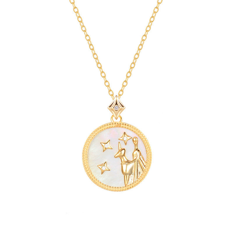 Jungfrau Sternzeichenkette aus 925 Sterling Silber mit Perlmutt und Zirkonia, runder Anhänger mit Jungfrau-Motiv und Sternenverzierung