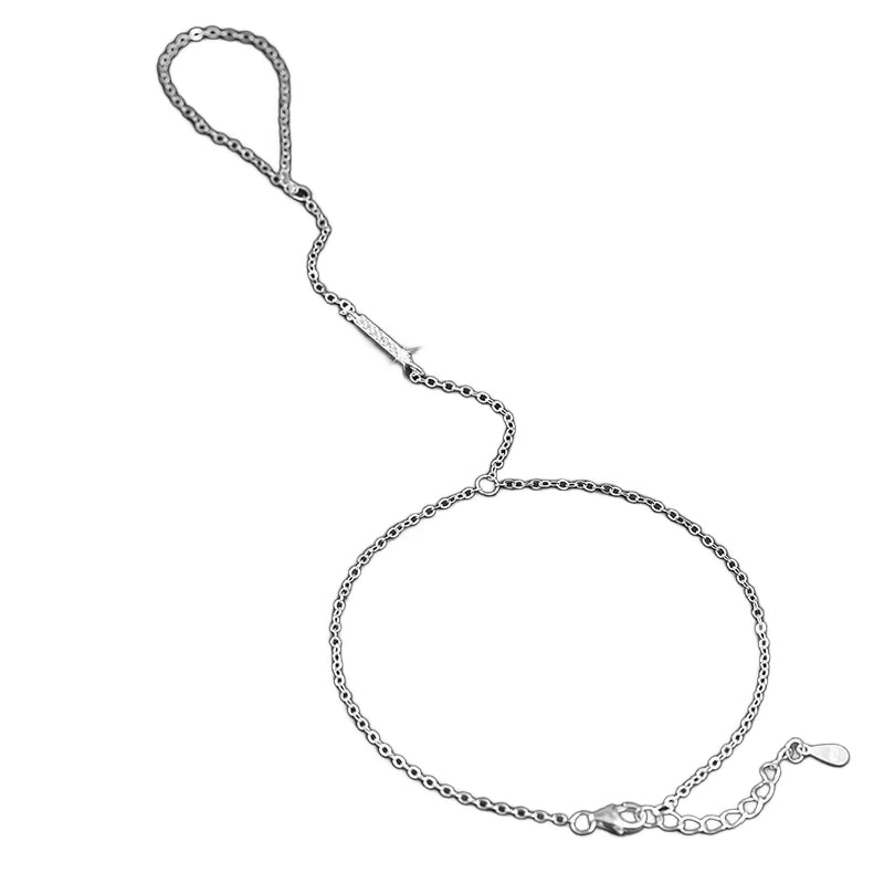 Zarte Handkette aus 925 Sterling Silber, rhodiniert, mit filigranem Zirkonia-Element im Sahmeran-Stil
