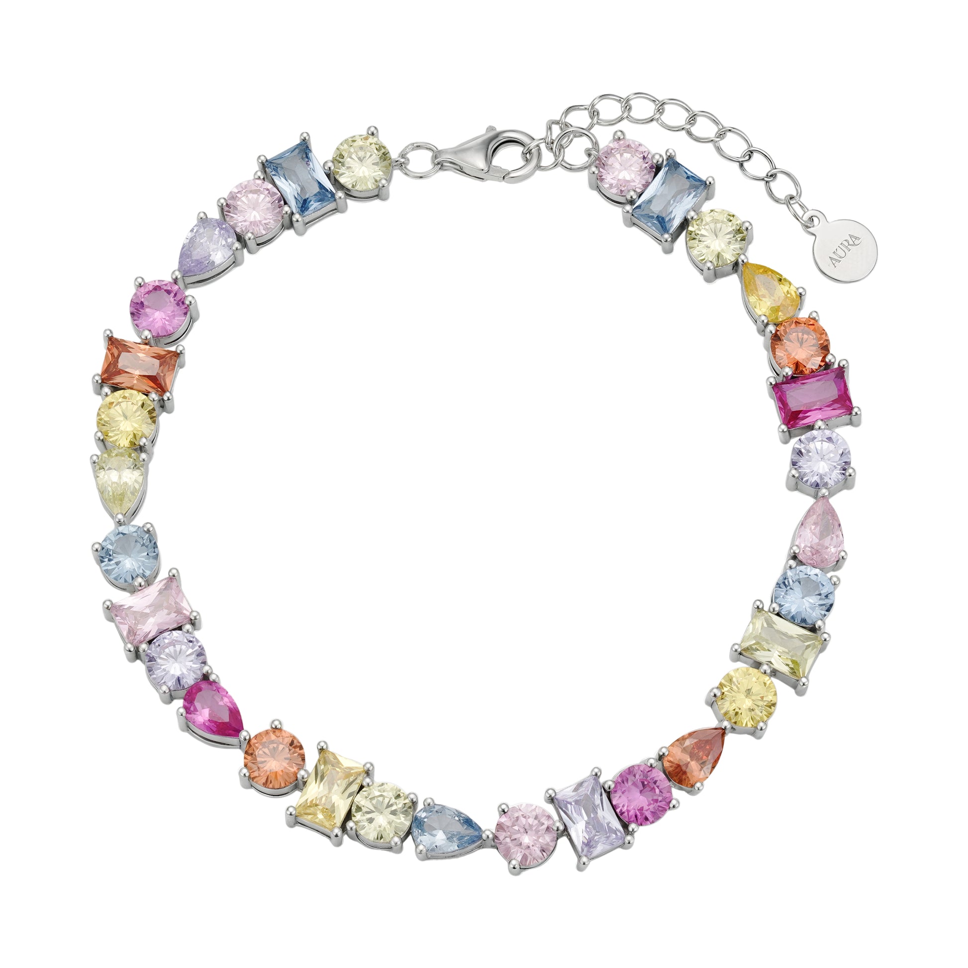 AÚRA Tennisarmband mit mehrfarbigen Zirkonia, facettierte Steine in verschiedenen Schliffen, 925 Sterling Silber mit Karabiner