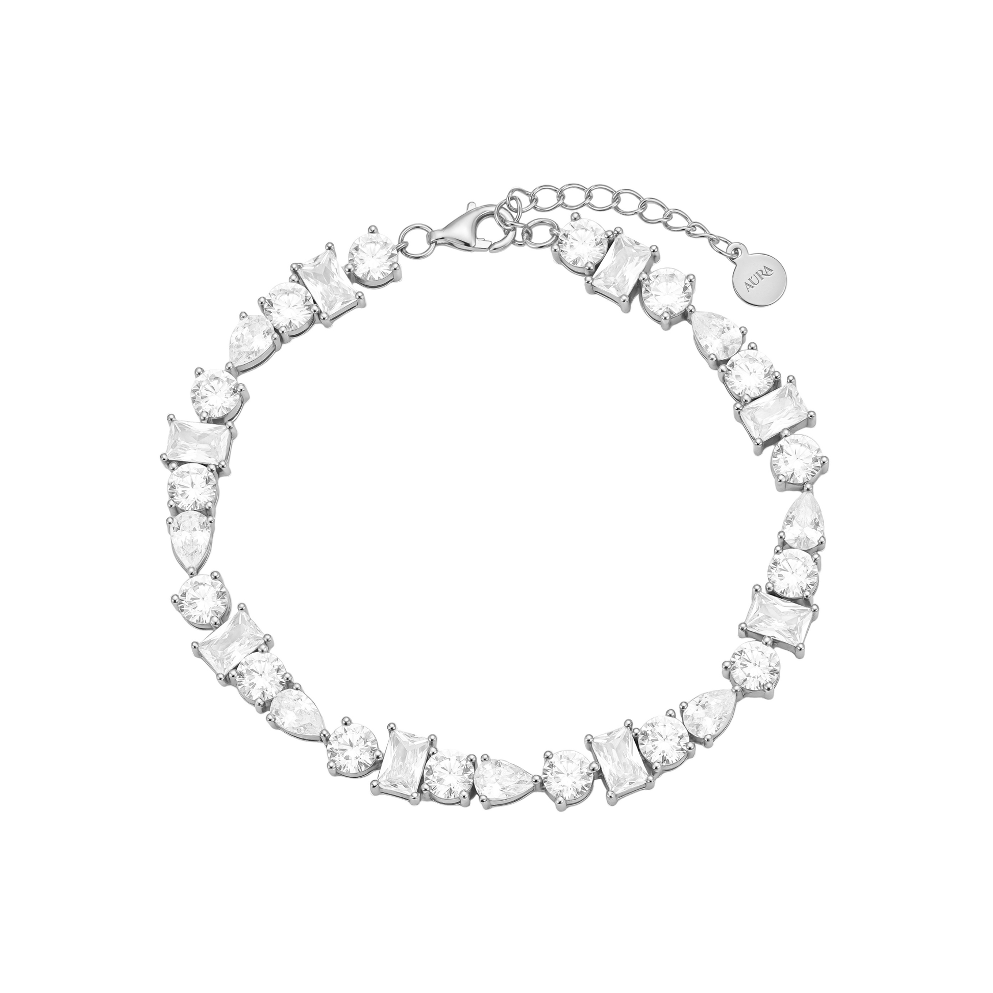 AÚRA Tennisarmband aus 925 Sterling Silber, 18K vergoldet oder rhodiniert, mit Zirkonia in runder, tropfen- und baguetteförmiger Fassung