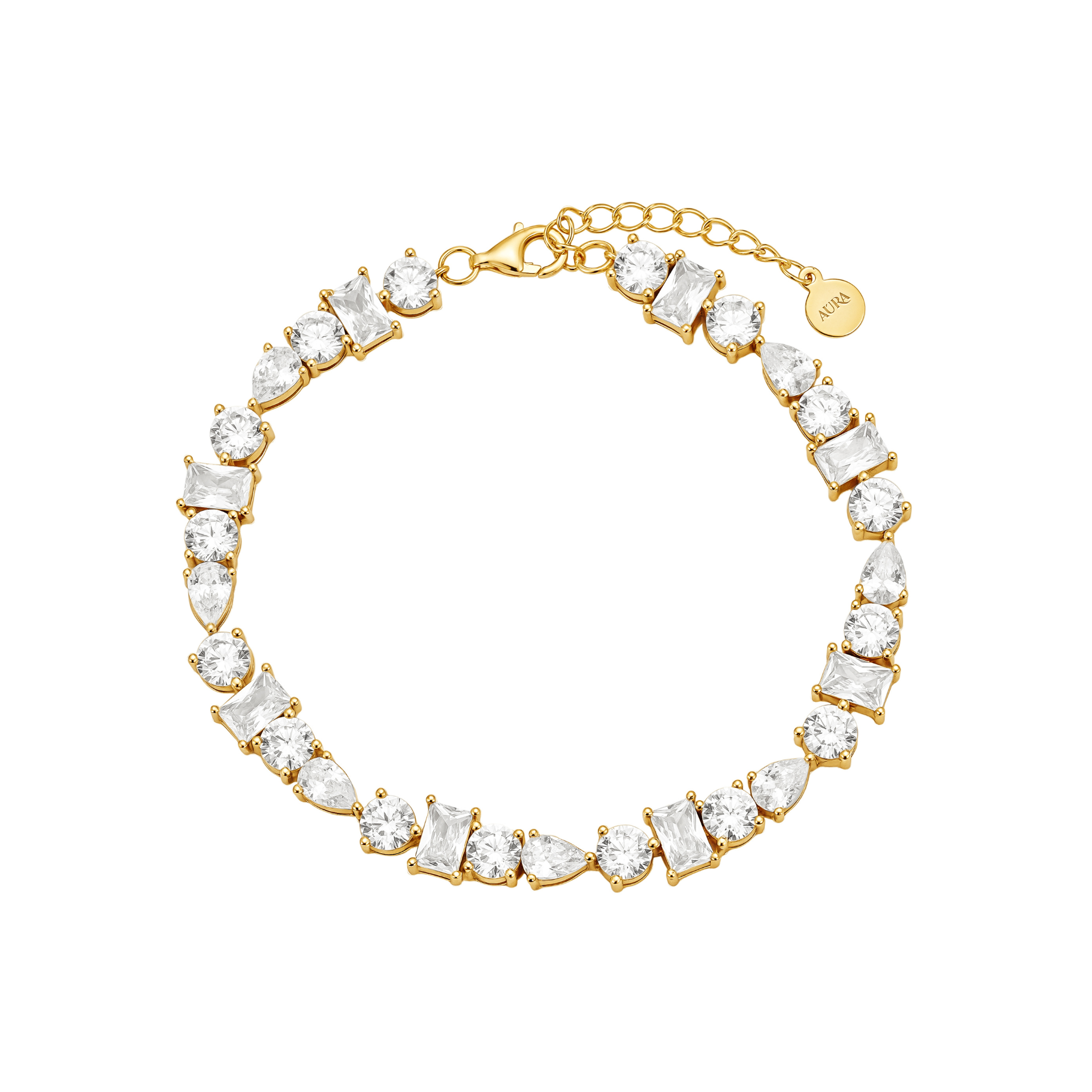 AÚRA Tennisarmband aus 925 Sterling Silber, 18K vergoldet oder rhodiniert, mit Zirkonia in runder, tropfen- und baguetteförmiger Fassung
