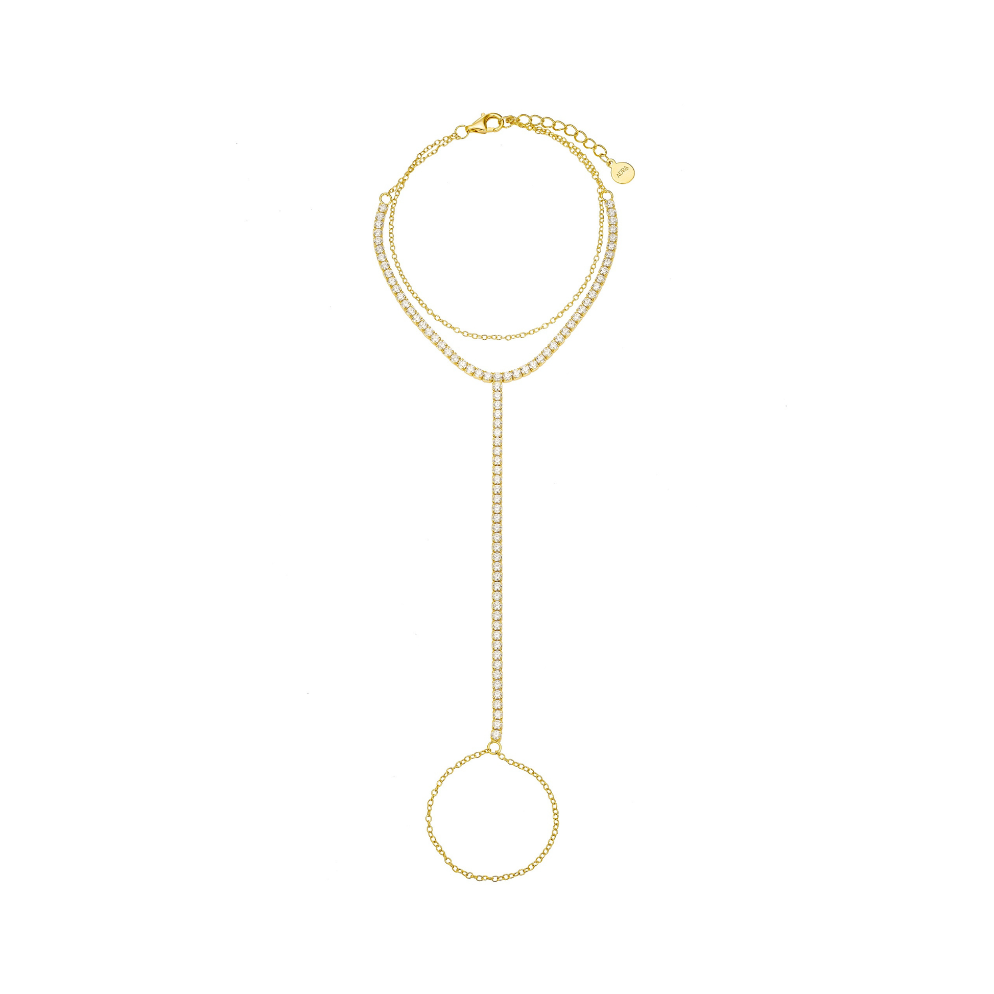 AÚRA Handkette aus 925 Sterling Silber, 18K vergoldet, mit Zirkonia – feines Sahmeran Design mit verbundenem Ring