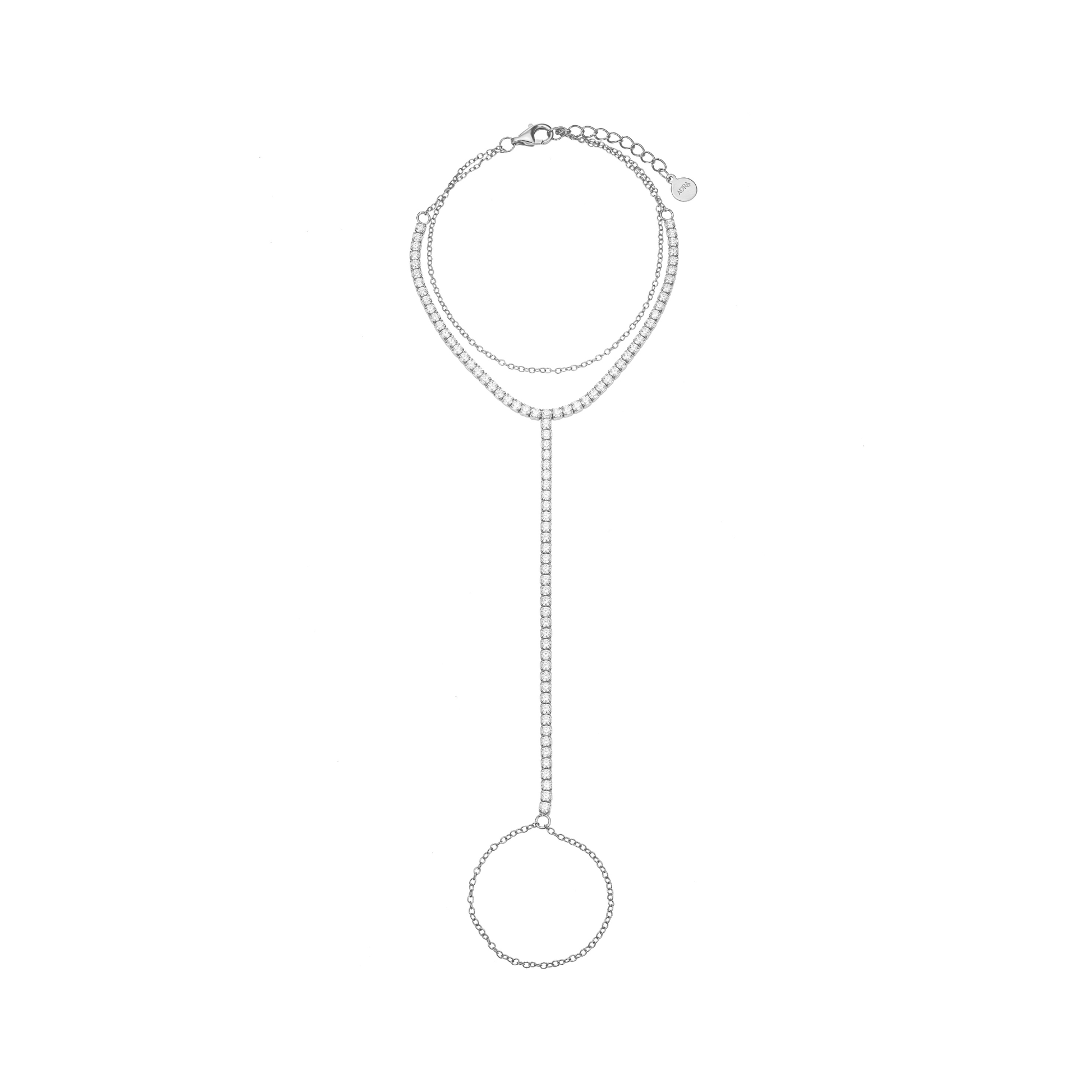 AÚRA Handkette aus 925 Sterling Silber, 18K vergoldet, mit Zirkonia – feines Sahmeran Design mit verbundenem Ring