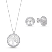 2er Schmuckset mit Lebensbaum Halskette und Ohrsteckern aus 925 Sterling Silber, Zirkonia gefasst, elegant und zeitlos