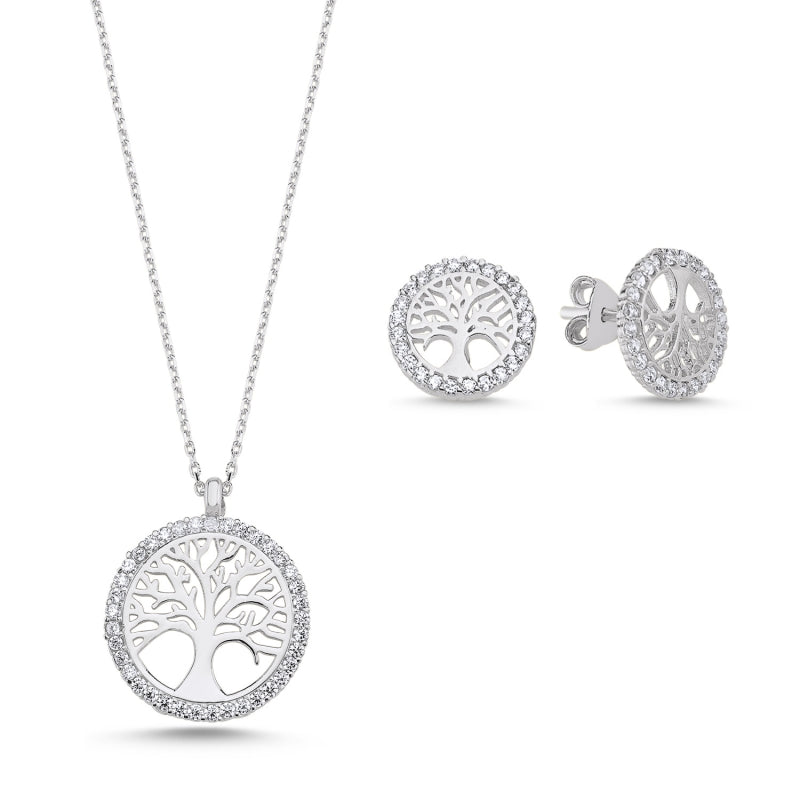 2er Schmuckset mit Lebensbaum Halskette und Ohrsteckern aus 925 Sterling Silber, Zirkonia gefasst, elegant und zeitlos