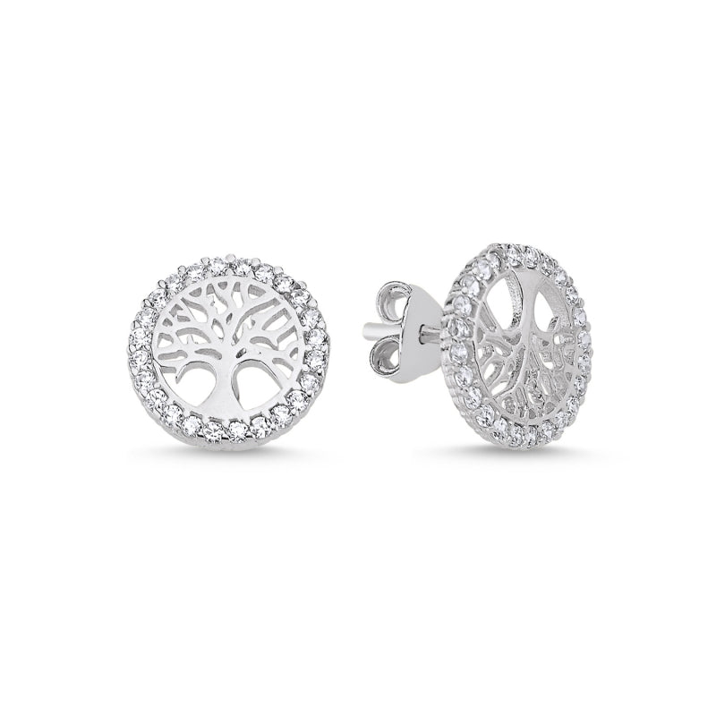 Runde Ohrstecker Lebensbaum mit Zirkonia, 925 Silber, filigranes Design, elegante Ohrstecker für Alltag und Anlass