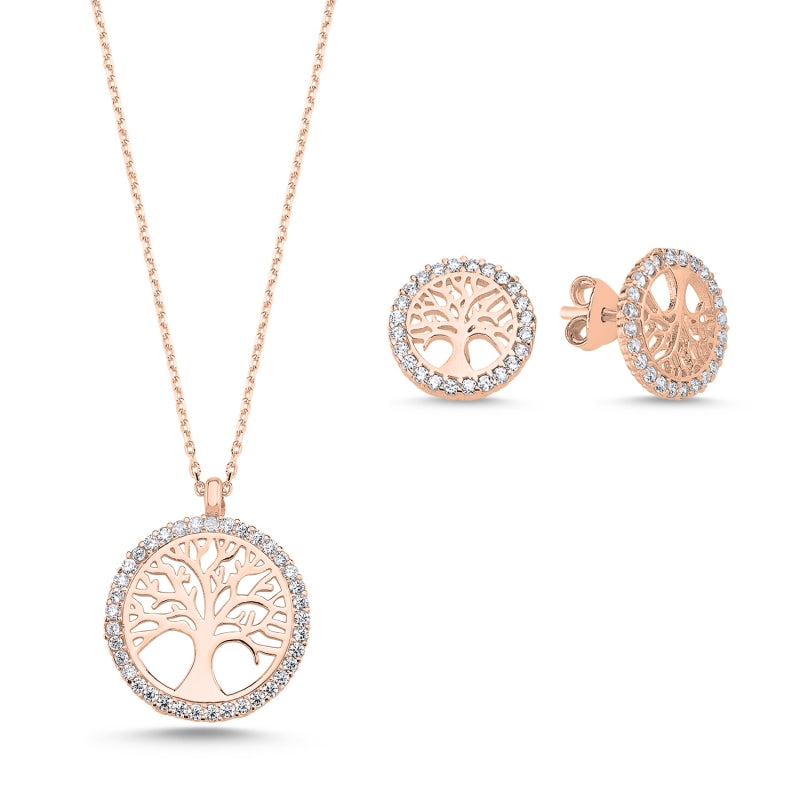 2er Schmuckset mit Lebensbaum Halskette und Ohrsteckern aus 925 Sterling Silber, Zirkonia gefasst, elegant und zeitlos