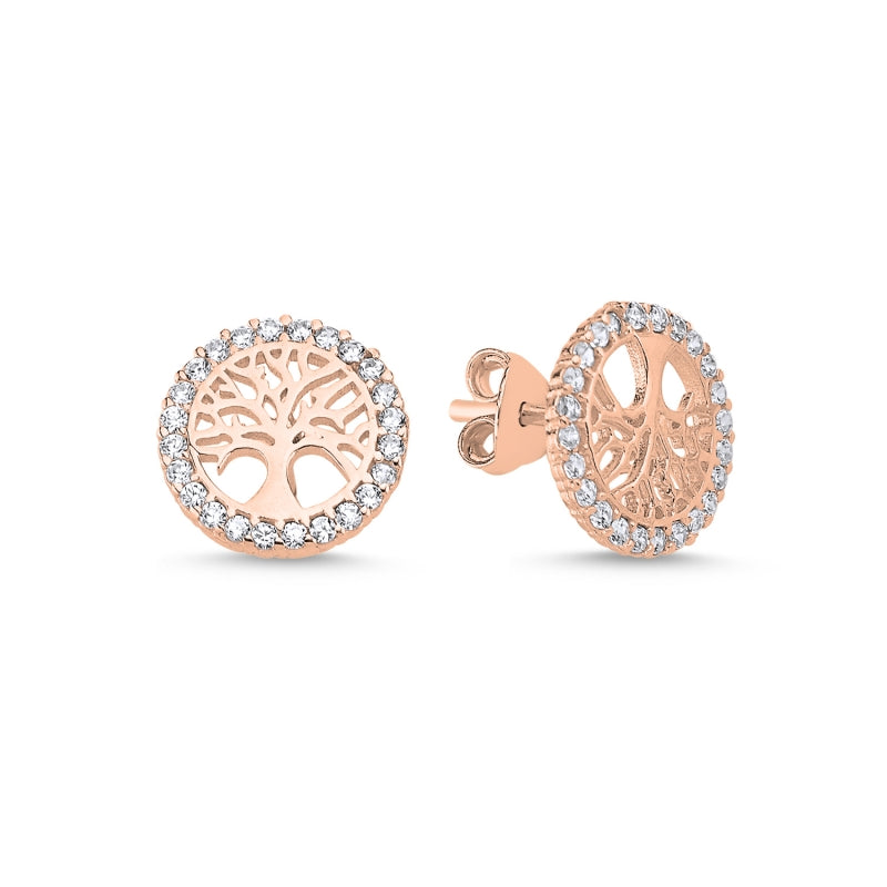 Runde Ohrstecker Lebensbaum mit Zirkonia, 925 Silber, filigranes Design, elegante Ohrstecker für Alltag und Anlass