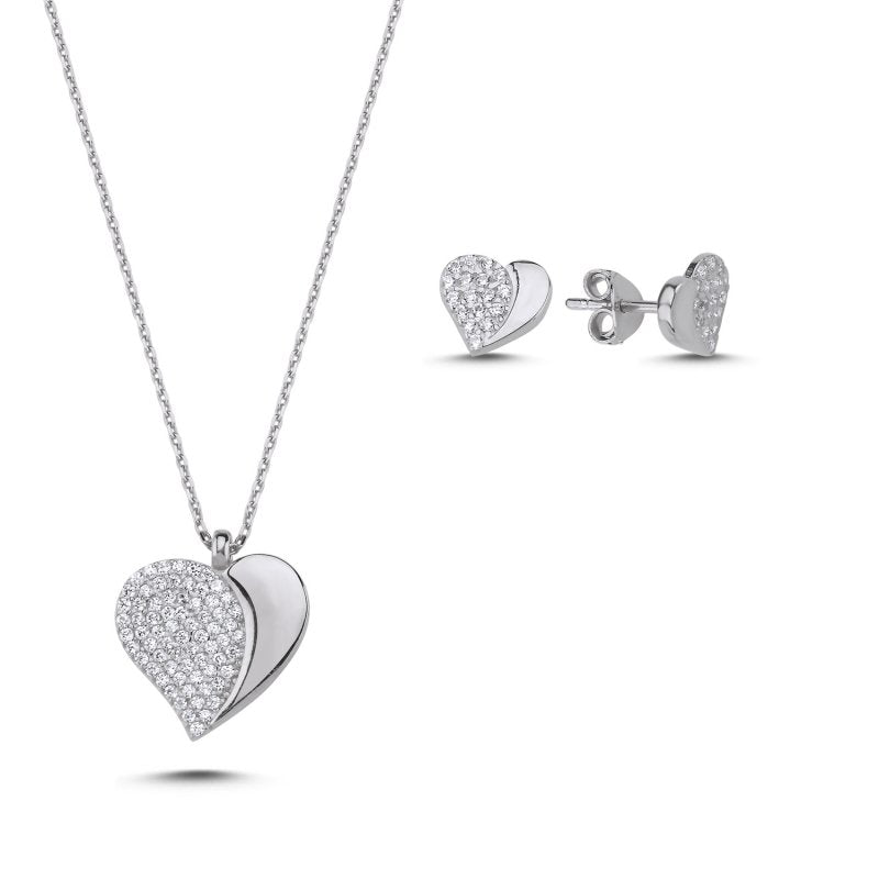 Herz 2er Schmuckset aus 925 Silber mit Zirkonia, bestehend aus Halskette und Ohrsteckern in rhodinierter und 14K vergoldeter Variante