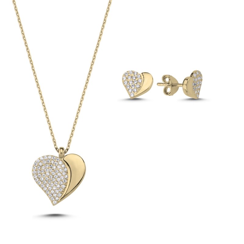 Herz 2er Schmuckset aus 925 Silber mit Zirkonia, bestehend aus Halskette und Ohrsteckern in rhodinierter und 14K vergoldeter Variante
