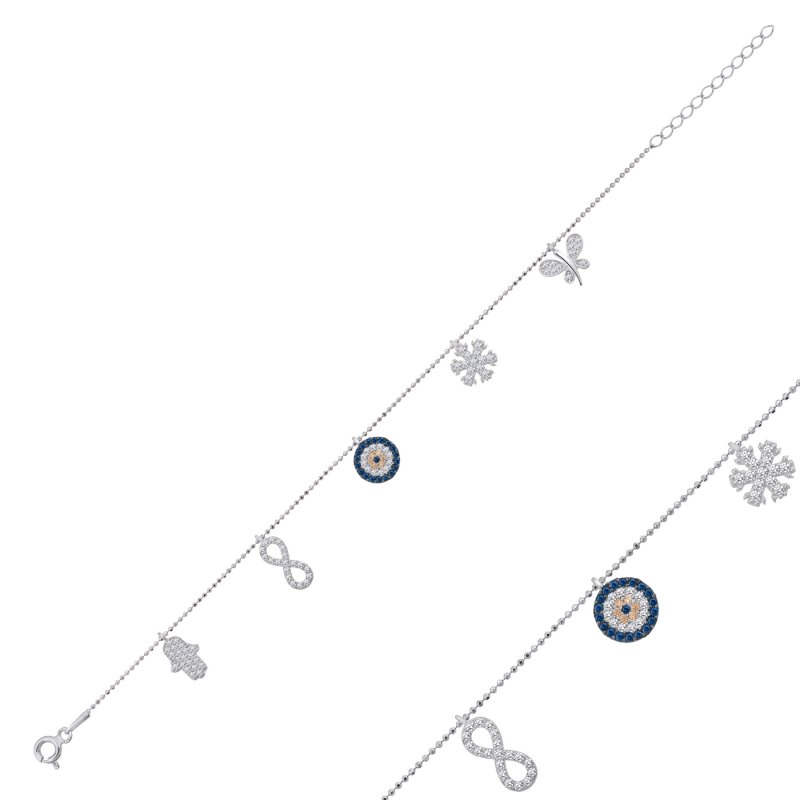Filigranes 925 Silber Armband mit symbolischen Anhängern und Zirkonia-Details, elegant in rhodiniert und 14K vergoldet.