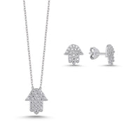 2er Schmuckset Fatimas Hand aus 925 Silber mit Zirkonia, bestehend aus Halskette und Ohrsteckern, 18K vergoldet