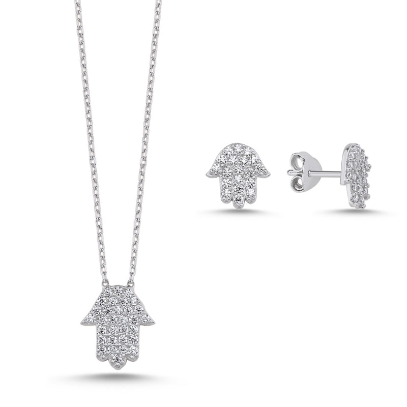 2er Schmuckset Fatimas Hand aus 925 Silber mit Zirkonia, bestehend aus Halskette und Ohrsteckern, 18K vergoldet