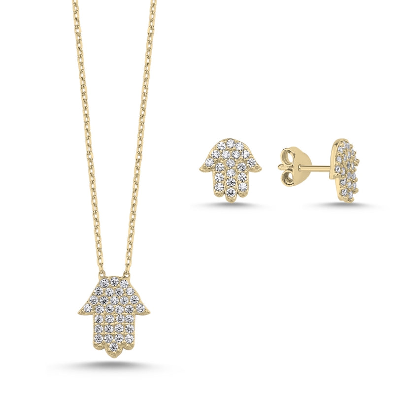 2er Schmuckset Fatimas Hand aus 925 Silber mit Zirkonia, bestehend aus Halskette und Ohrsteckern, 18K vergoldet